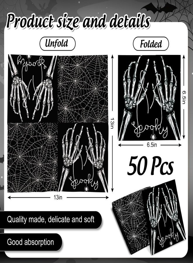 JarThenaAMCS 50 Pcs Halloween Paper Napkins Hand Bone Spider Web Disposable Dinner Luncheon Napkins Cobweb Skeleton Double Printed Spooky Cocktail Napkin for Bathroom Home Party Table Decor,6.5 Inch - Image 2